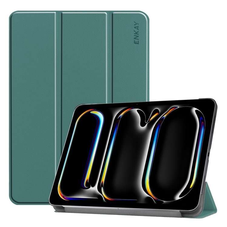 For iPad Pro 13 2025 / 2024 ENKAY Tri-fold Custer Texture Platic Leather Smart Ta ... (Dark Green)