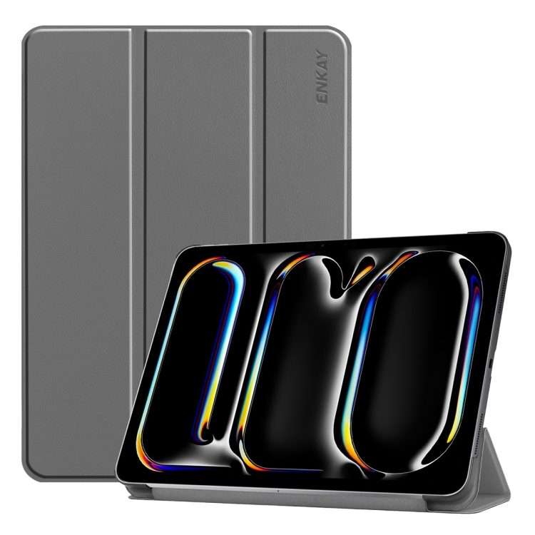 For iPad Pro 13 2025 / 2024 ENKAY Tri-fold Custer Texture Platic Leather Smart Tablet Case(Grey)