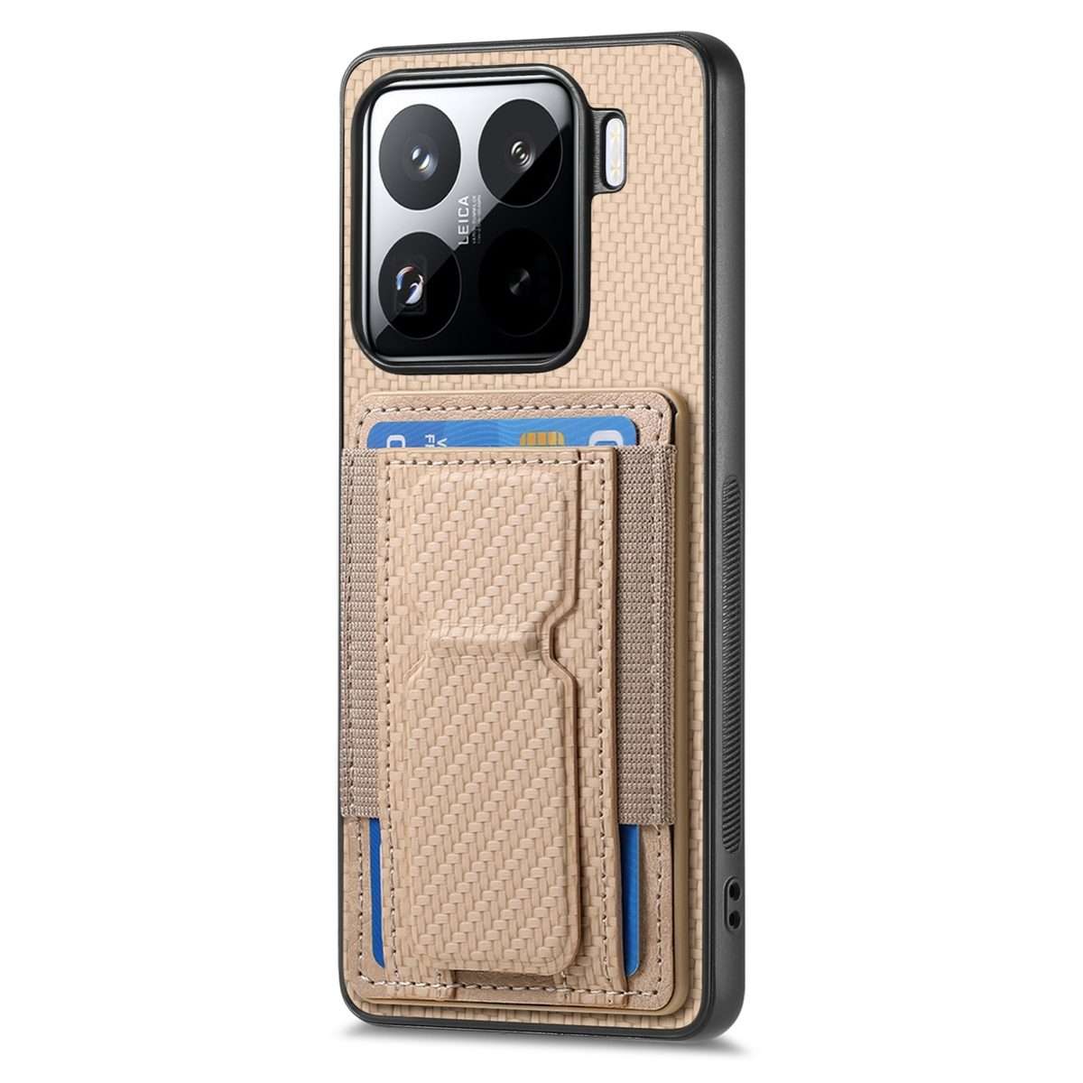 For Xiaomi 15 Pro Carbon Fiber Fold Stand Elastic Card Bag Phone Case(Khaki)