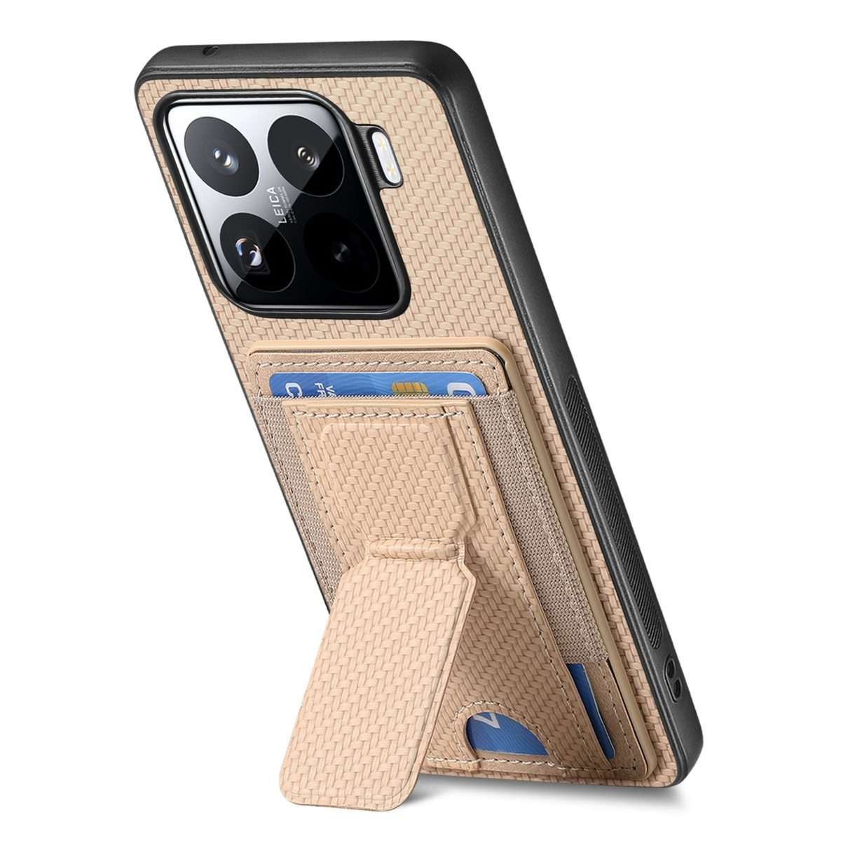 For Xiaomi 15 Pro Carbon Fiber Fold Stand Elastic Card Bag Phone Case(Khaki)