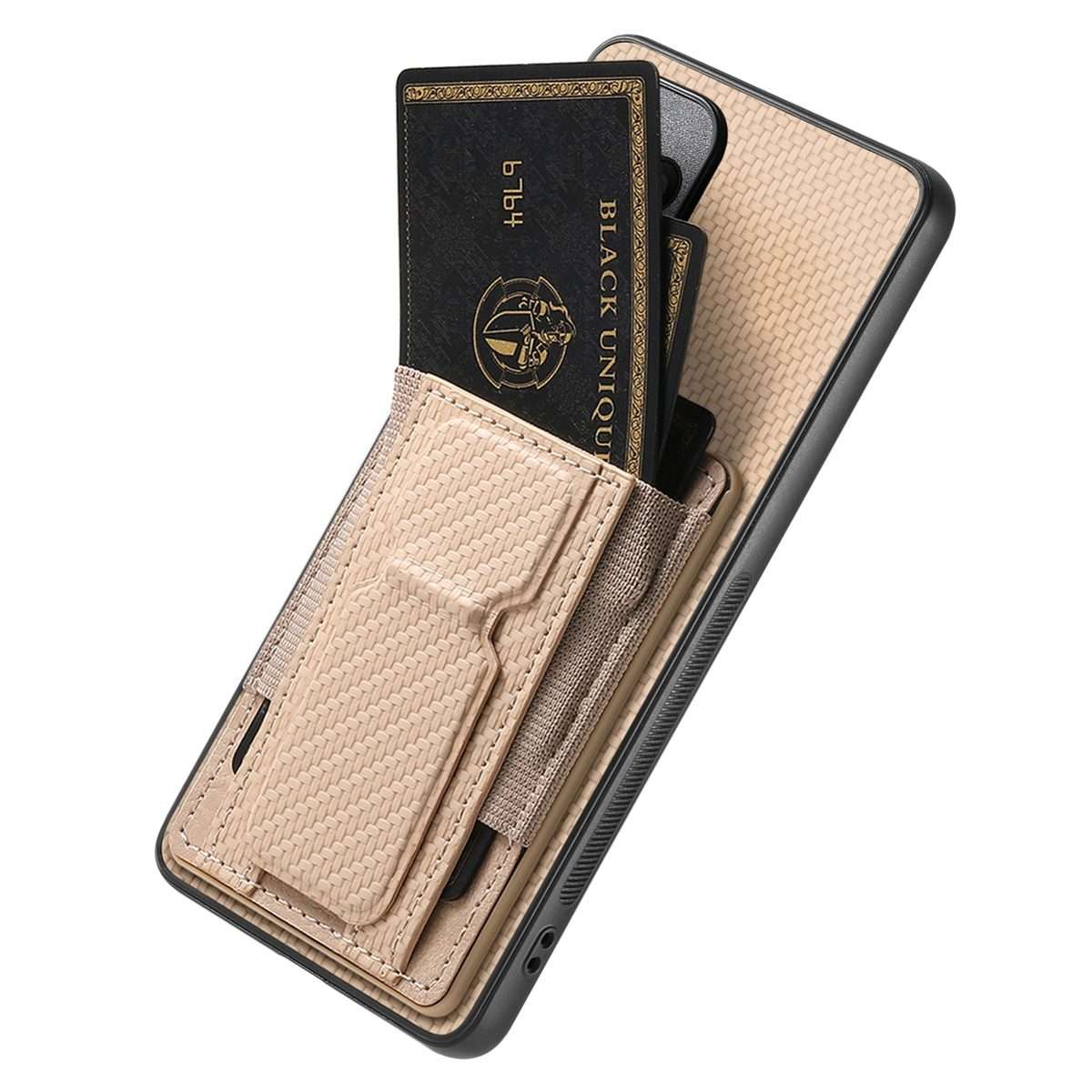 For Xiaomi 15 Pro Carbon Fiber Fold Stand Elastic Card Bag Phone Case(Khaki)