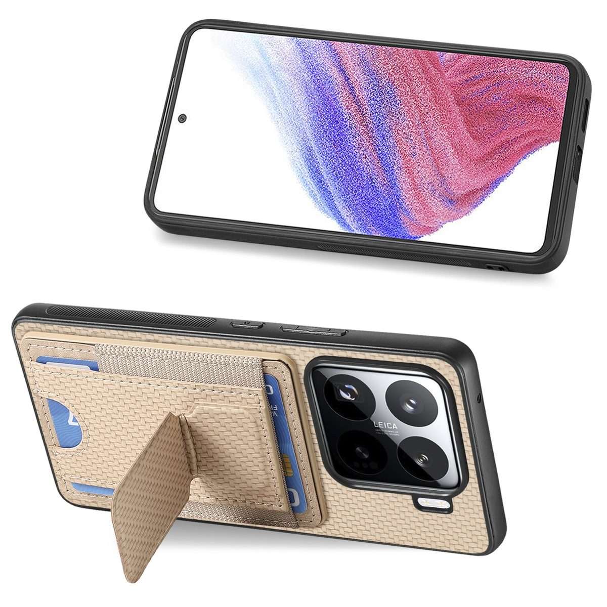 For Xiaomi 15 Pro Carbon Fiber Fold Stand Elastic Card Bag Phone Case(Khaki)