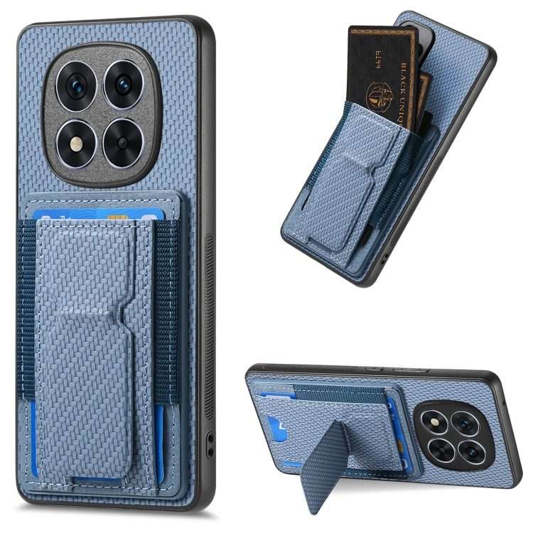 For Xiaomi Redmi Note 14 Pro+ 5G Carbon Fiber Fold Stand Elastic Card Bag Phone Case(Blue)