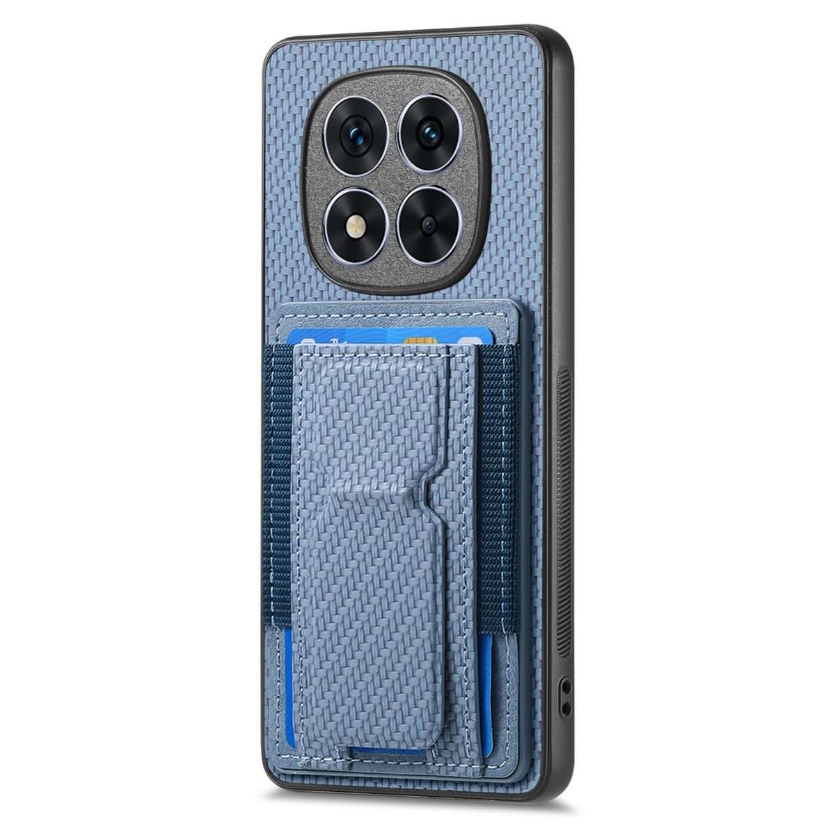 For Xiaomi Redmi Note 14 Pro+ 5G Carbon Fiber Fold Stand Elastic Card Bag Phone Case(Blue)