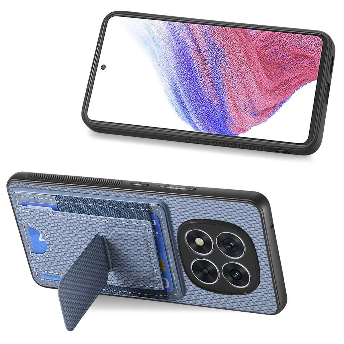 For Xiaomi Redmi Note 14 Pro+ 5G Carbon Fiber Fold Stand Elastic Card Bag Phone Case(Blue)