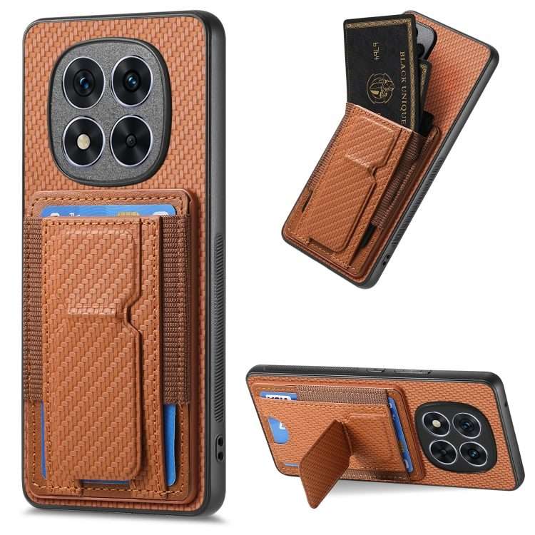 For Xiaomi Redmi Note 14 Pro+ 5G Carbon Fiber Fold Stand Elastic Card Bag Phone Case(Brown)