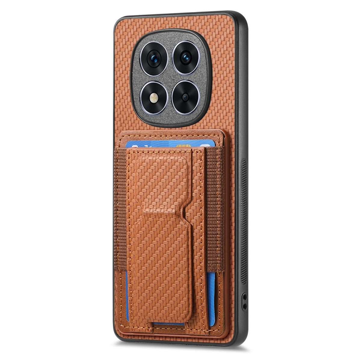 For Xiaomi Redmi Note 14 Pro+ 5G Carbon Fiber Fold Stand Elastic Card Bag Phone Case(Brown)