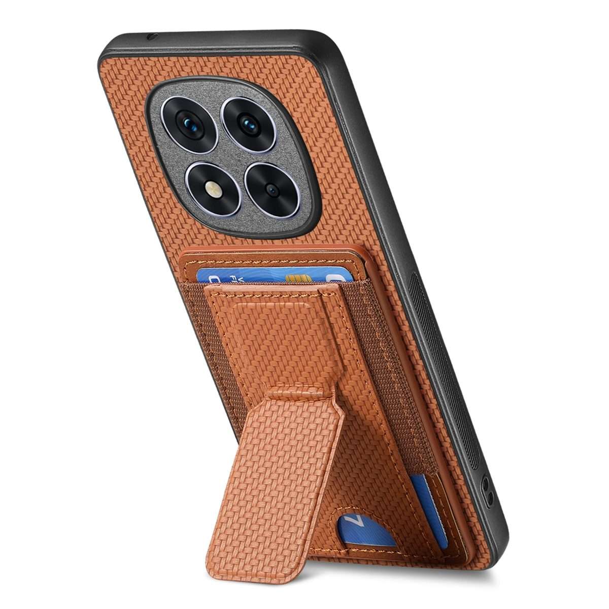 For Xiaomi Redmi Note 14 Pro+ 5G Carbon Fiber Fold Stand Elastic Card Bag Phone Case(Brown)