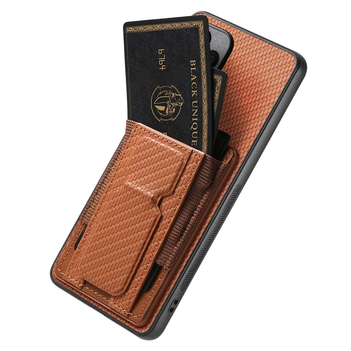 For Xiaomi Redmi Note 14 Pro+ 5G Carbon Fiber Fold Stand Elastic Card Bag Phone Case(Brown)