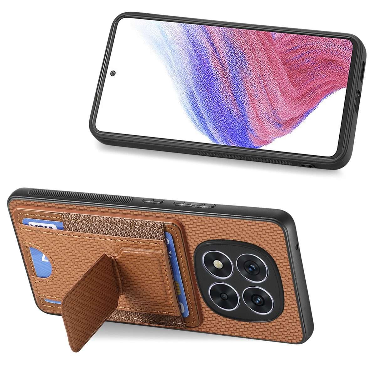 For Xiaomi Redmi Note 14 Pro+ 5G Carbon Fiber Fold Stand Elastic Card Bag Phone Case(Brown)