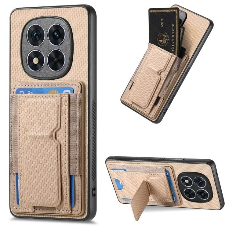 For Xiaomi Redmi Note 14 Pro+ 5G Carbon Fiber Fold Stand Elastic Card Bag Phone Case(Khaki)