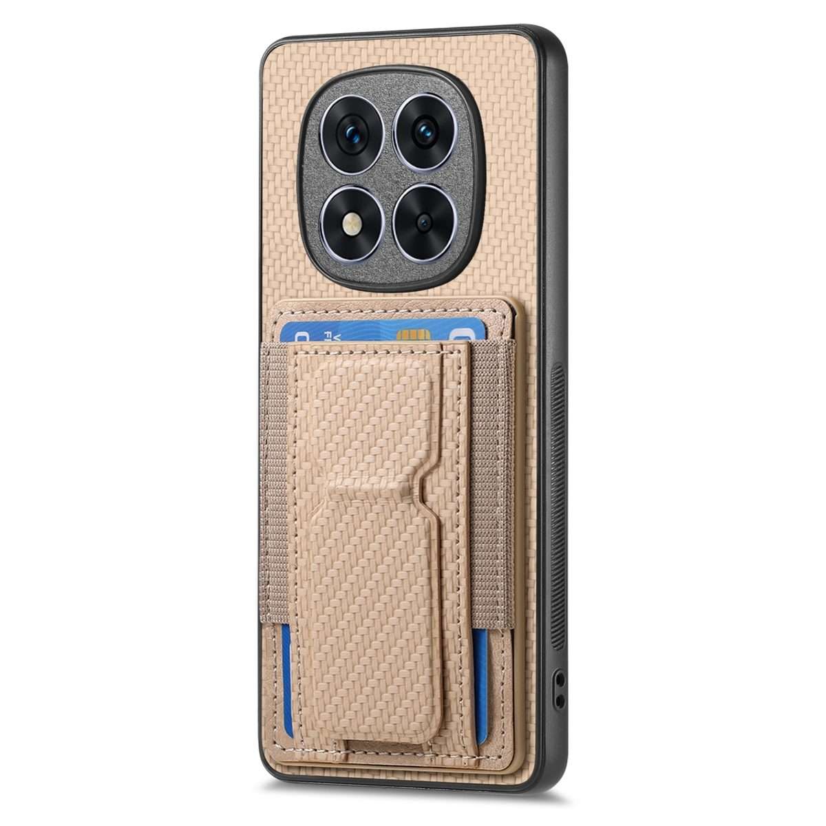 For Xiaomi Redmi Note 14 Pro+ 5G Carbon Fiber Fold Stand Elastic Card Bag Phone Case(Khaki)