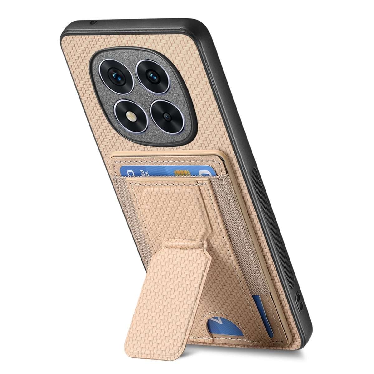 For Xiaomi Redmi Note 14 Pro+ 5G Carbon Fiber Fold Stand Elastic Card Bag Phone Case(Khaki)