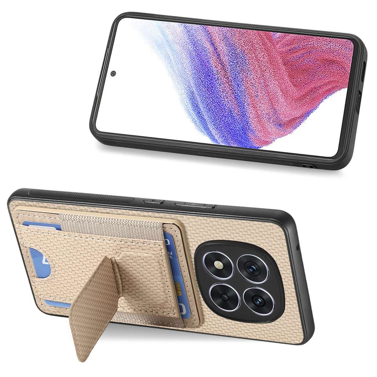 For Xiaomi Redmi Note 14 Pro+ 5G Carbon Fiber Fold Stand Elastic Card Bag Phone Case(Khaki)