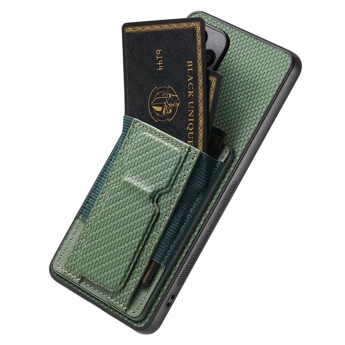 For Xiaomi Redmi Note 14 Pro+ 5G Carbon Fiber Fold Stand Elastic Card Bag Phone Case(Green)