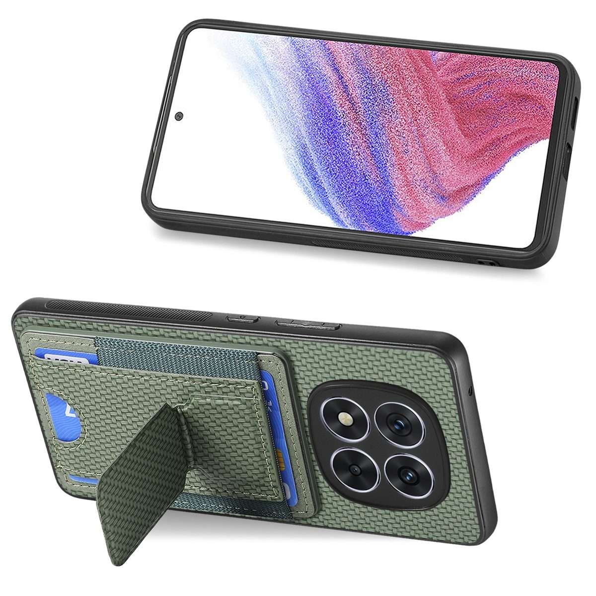 For Xiaomi Redmi Note 14 Pro+ 5G Carbon Fiber Fold Stand Elastic Card Bag Phone Case(Green)