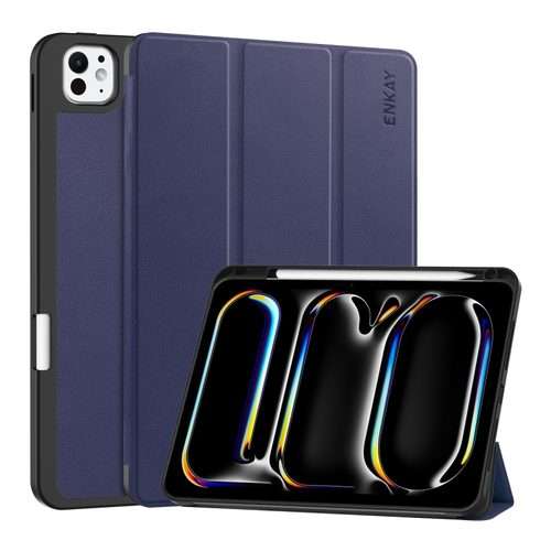 For iPad Pro 13 2025 / 2024 ENKAY Tri-fold Custer Texture TPU Leather Smart Tablet ... (Dark Blue)