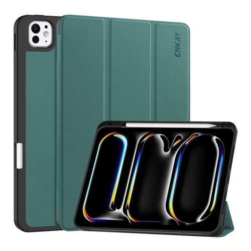 For iPad Pro 13 2025 / 2024 ENKAY Tri-fold Custer Texture TPU Leather Smart Table ... (Dark Green)
