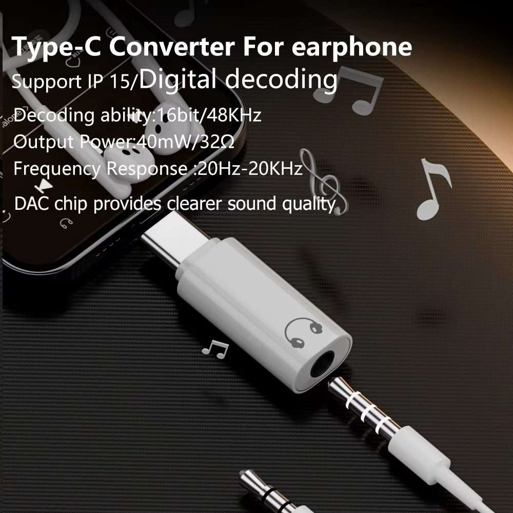 Type-C to 3.5mm Headphone Plug Conversion Adapter For iPhone 15 Audio DAC Decoding(Black)