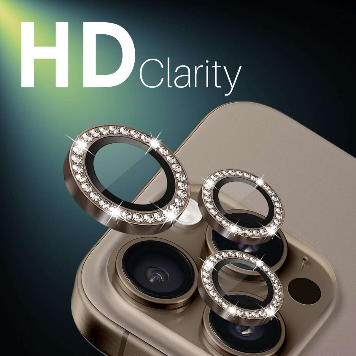 For iPhone 16 Pro / 16 Pro Max NORTHJO Rhinestone Camera Lens Protector Tempered Glass ... (Brown)