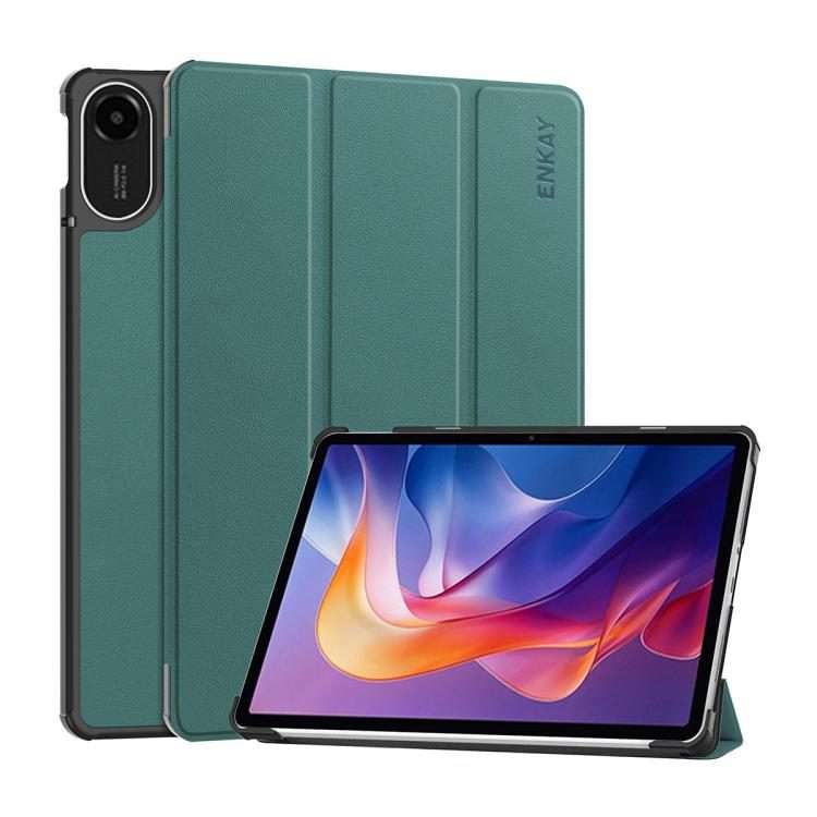 For Redmi Pad 2 11.0 ENKAY Tri-fold Custer Texture Leather Smart Tablet Case(Dark Green)