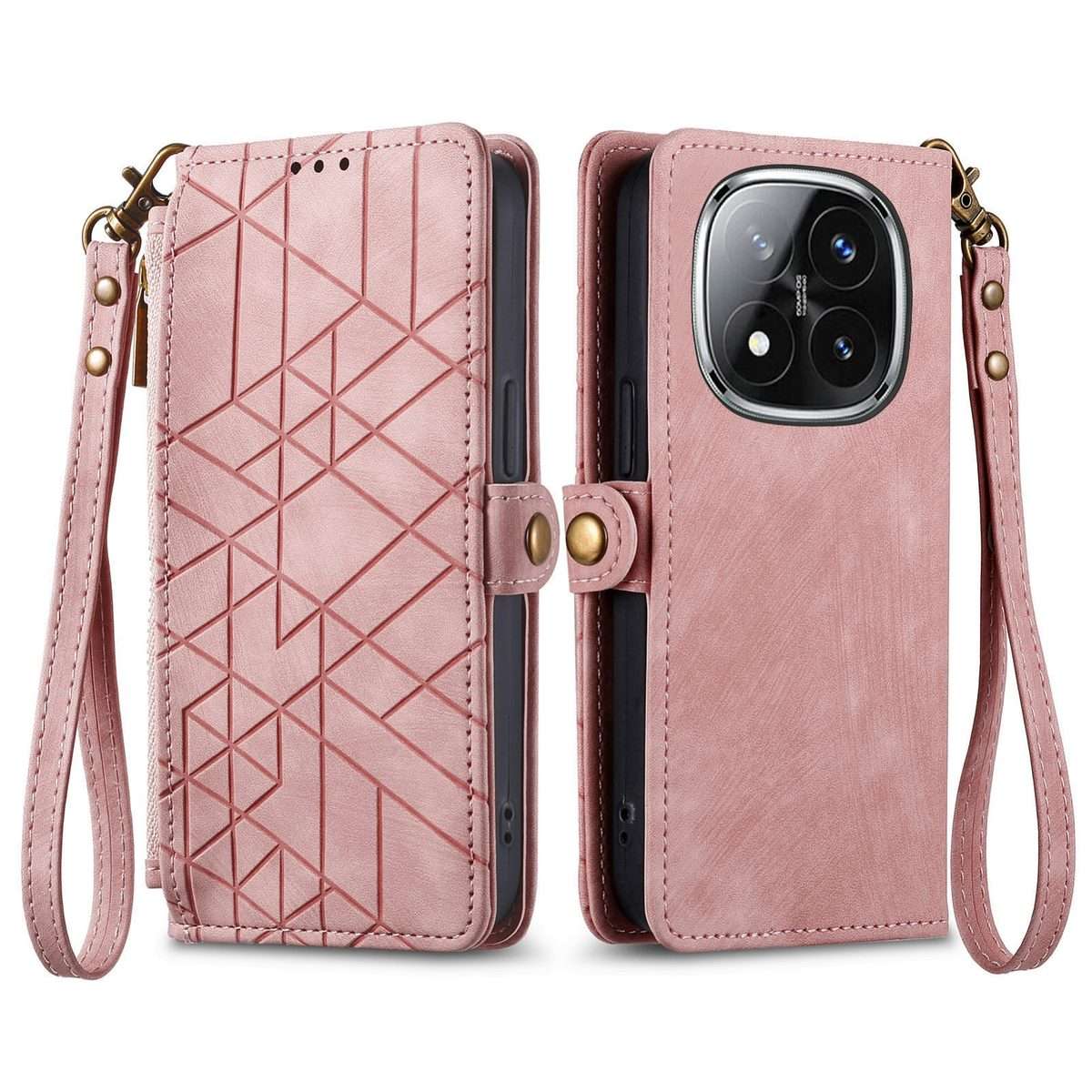 For Xiaomi Redmi Note 14 Pro+ 5G Geometric Zipper Wallet Side Buckle Leather Phone Case(Pink)