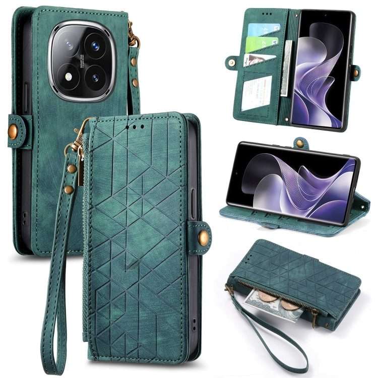 For Xiaomi Redmi Note 14 Pro+ 5G Geometric Zipper Wallet Side Buckle Leather Phone Case(Green)