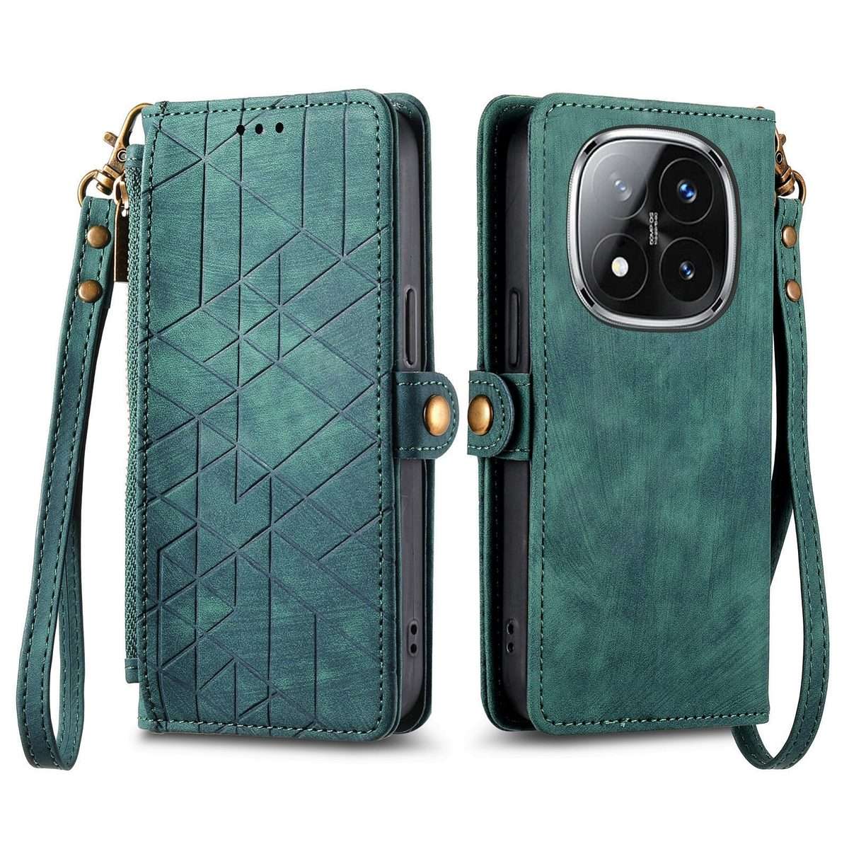 For Xiaomi Redmi Note 14 Pro+ 5G Geometric Zipper Wallet Side Buckle Leather Phone Case(Green)