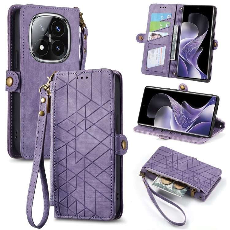 For Xiaomi Redmi Note 14 Pro+ 5G Geometric Zipper Wallet Side Buckle Leather Phone Case(Purple)