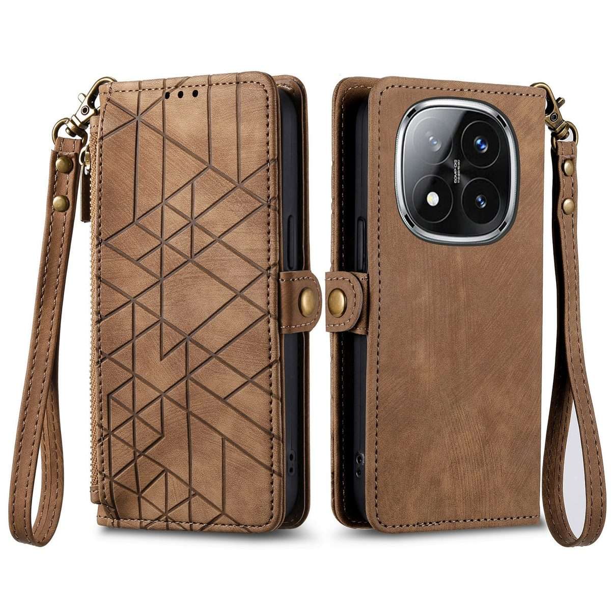 For Xiaomi Redmi Note 14 Pro+ 5G Geometric Zipper Wallet Side Buckle Leather Phone Case(Brown)