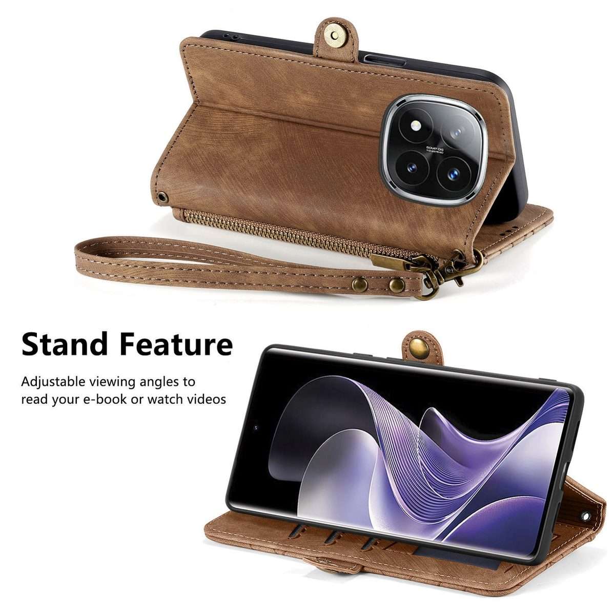 For Xiaomi Redmi Note 14 Pro+ 5G Geometric Zipper Wallet Side Buckle Leather Phone Case(Brown)