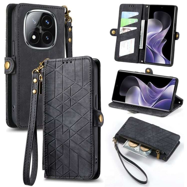 For Xiaomi Redmi Note 14 Pro+ 5G Geometric Zipper Wallet Side Buckle Leather Phone Case(Black)