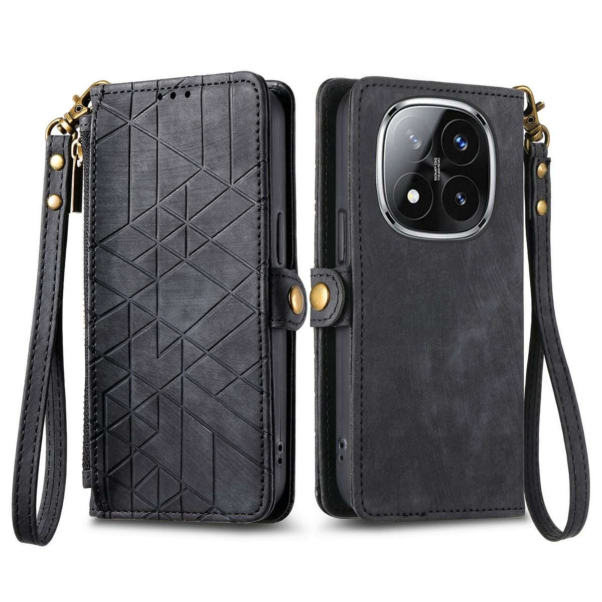 For Xiaomi Redmi Note 14 Pro+ 5G Geometric Zipper Wallet Side Buckle Leather Phone Case(Black)