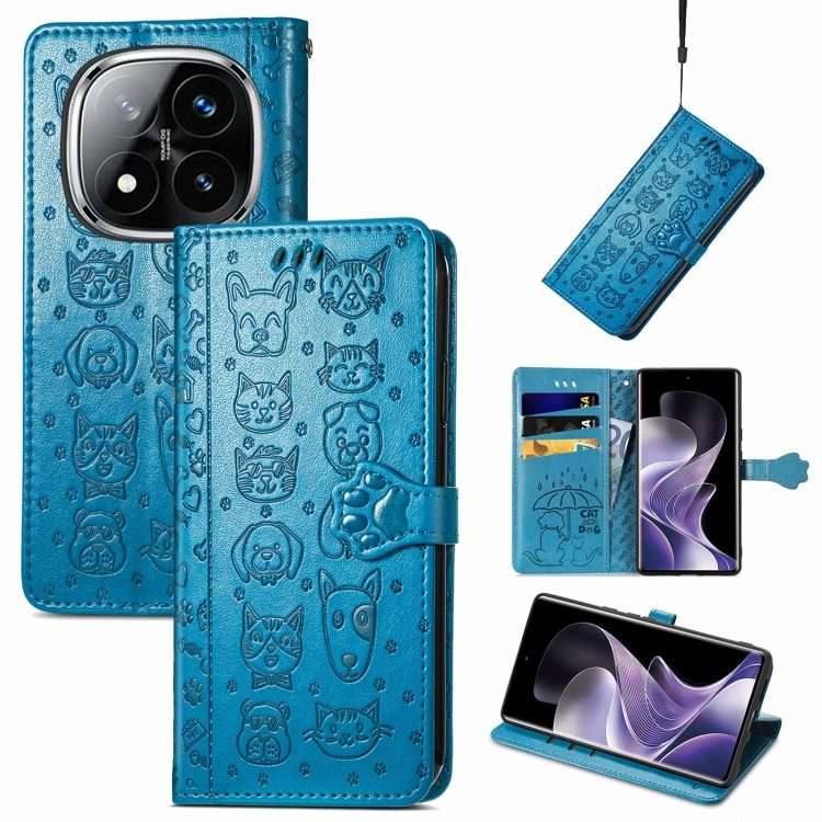 For Xiaomi Redmi Note 14 Pro 5G Cat and Dog Embossed Leather Phone Case(Blue)