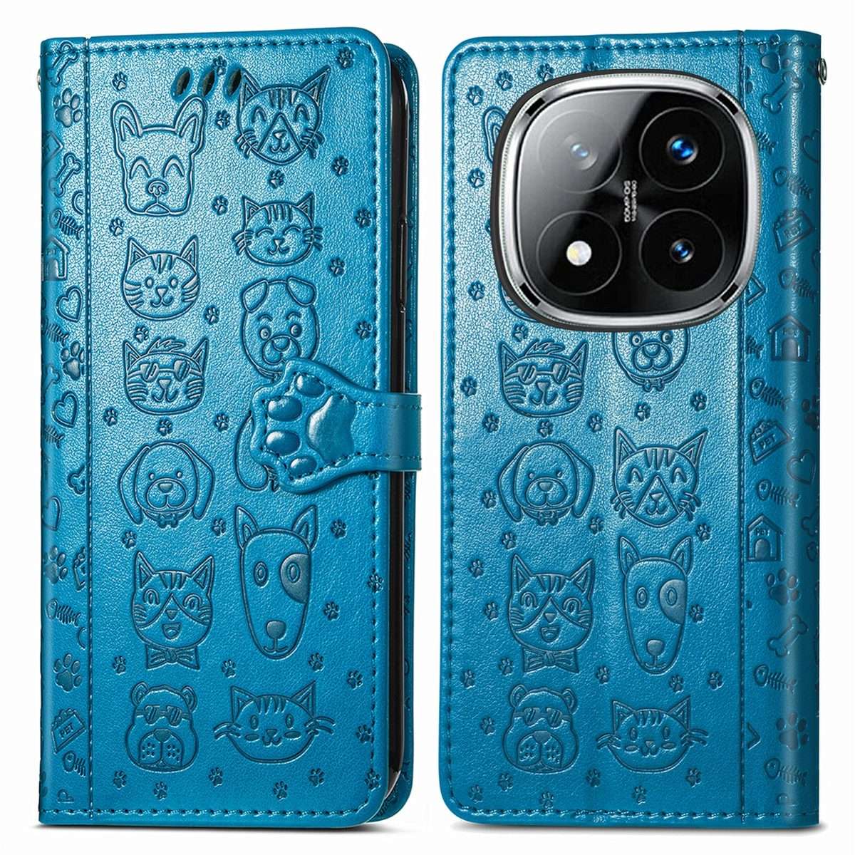 For Xiaomi Redmi Note 14 Pro 5G Cat and Dog Embossed Leather Phone Case(Blue)