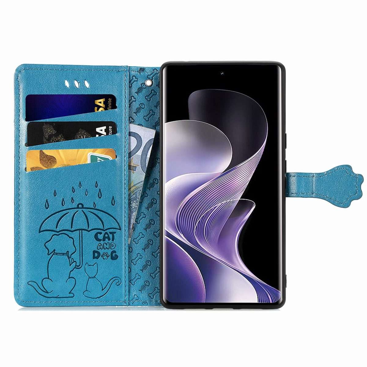 For Xiaomi Redmi Note 14 Pro 5G Cat and Dog Embossed Leather Phone Case(Blue)