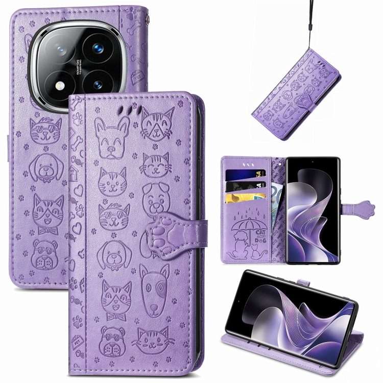 For Xiaomi Redmi Note 14 Pro 5G Cat and Dog Embossed Leather Phone Case(Purple)