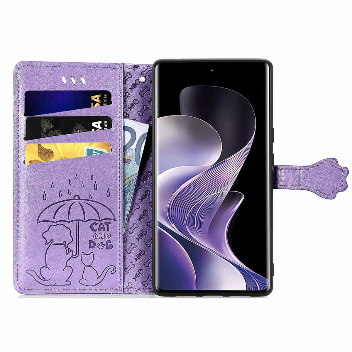 For Xiaomi Redmi Note 14 Pro 5G Cat and Dog Embossed Leather Phone Case(Purple)
