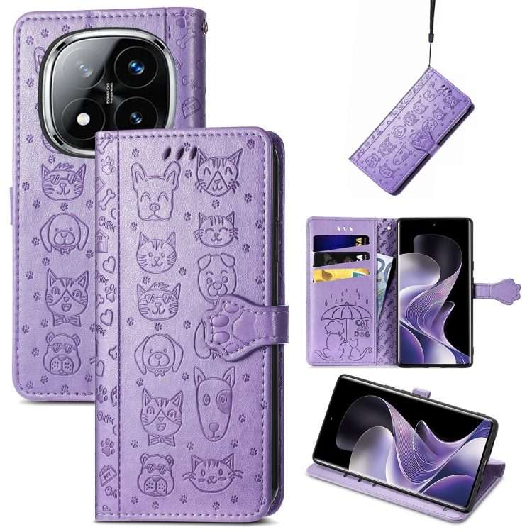For Xiaomi Redmi Note 14 Pro+ 5G Cat and Dog Embossed Leather Phone Case(Purple)