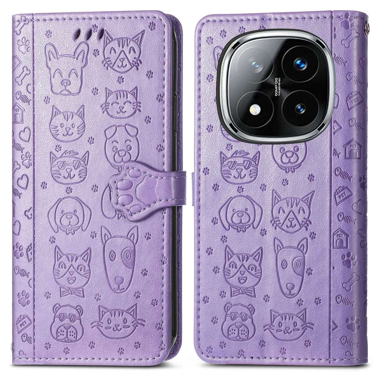 For Xiaomi Redmi Note 14 Pro+ 5G Cat and Dog Embossed Leather Phone Case(Purple)