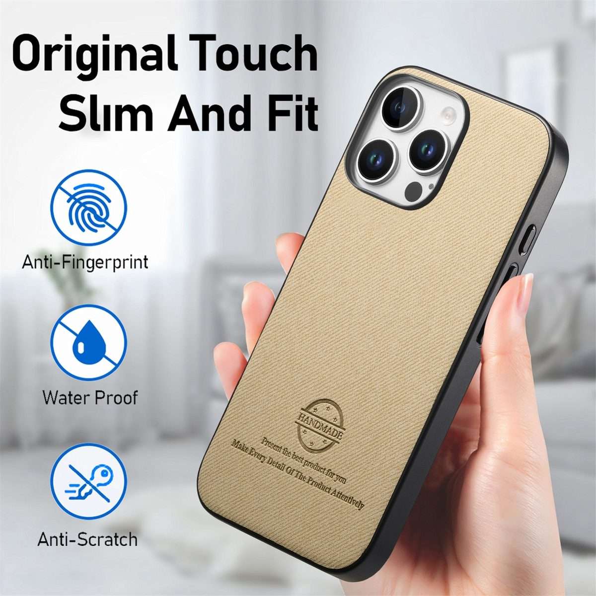 For iPhone 12 Pro Max Twill Fabric Leather Skin Back Phone Case(Khaki)