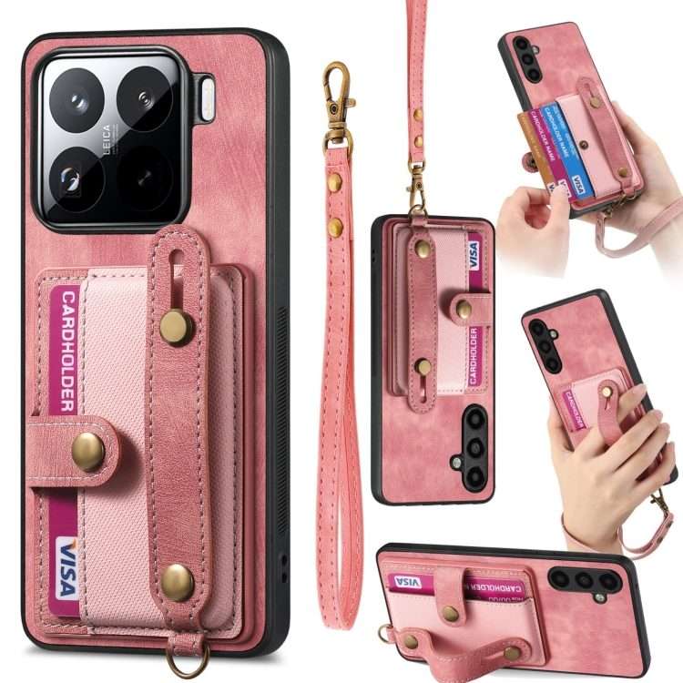 For Xiaomi 15 Pro Retro Cross Wristband Wallet Leather Back Phone Case(Pink)