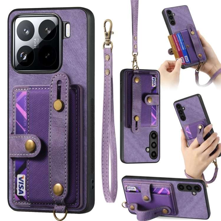 For Xiaomi 15 Pro Retro Cross Wristband Wallet Leather Back Phone Case(Purple)