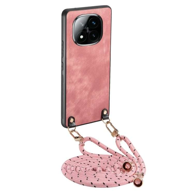 For Xiaomi Redmi Note 14 Pro+ 5G Vintage Leather PC Back Cover Phone Case with Crossbod ... (Pink)