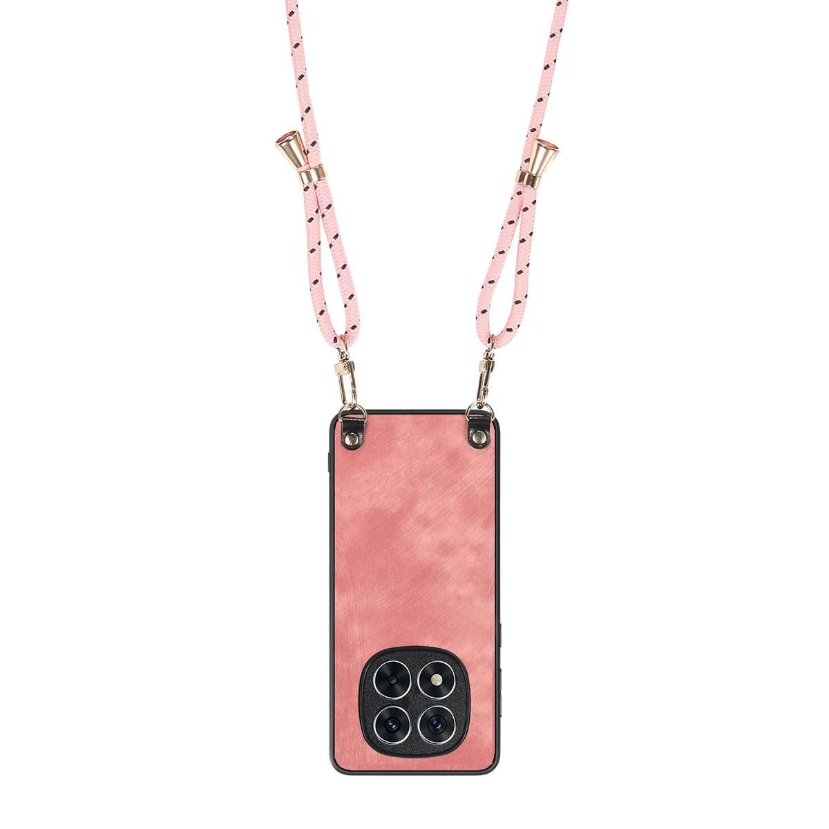 For Xiaomi Redmi Note 14 Pro+ 5G Vintage Leather PC Back Cover Phone Case with Crossbod ... (Pink)