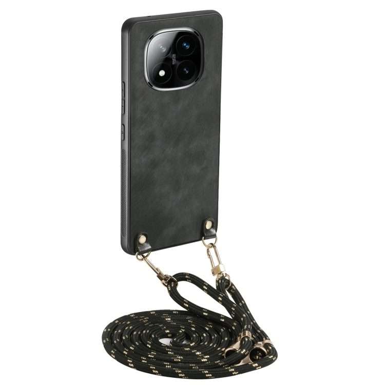 For Xiaomi Redmi Note 14 Pro+ 5G Vintage Leather PC Back Cover Phone Case with Crossbo ... (Black)