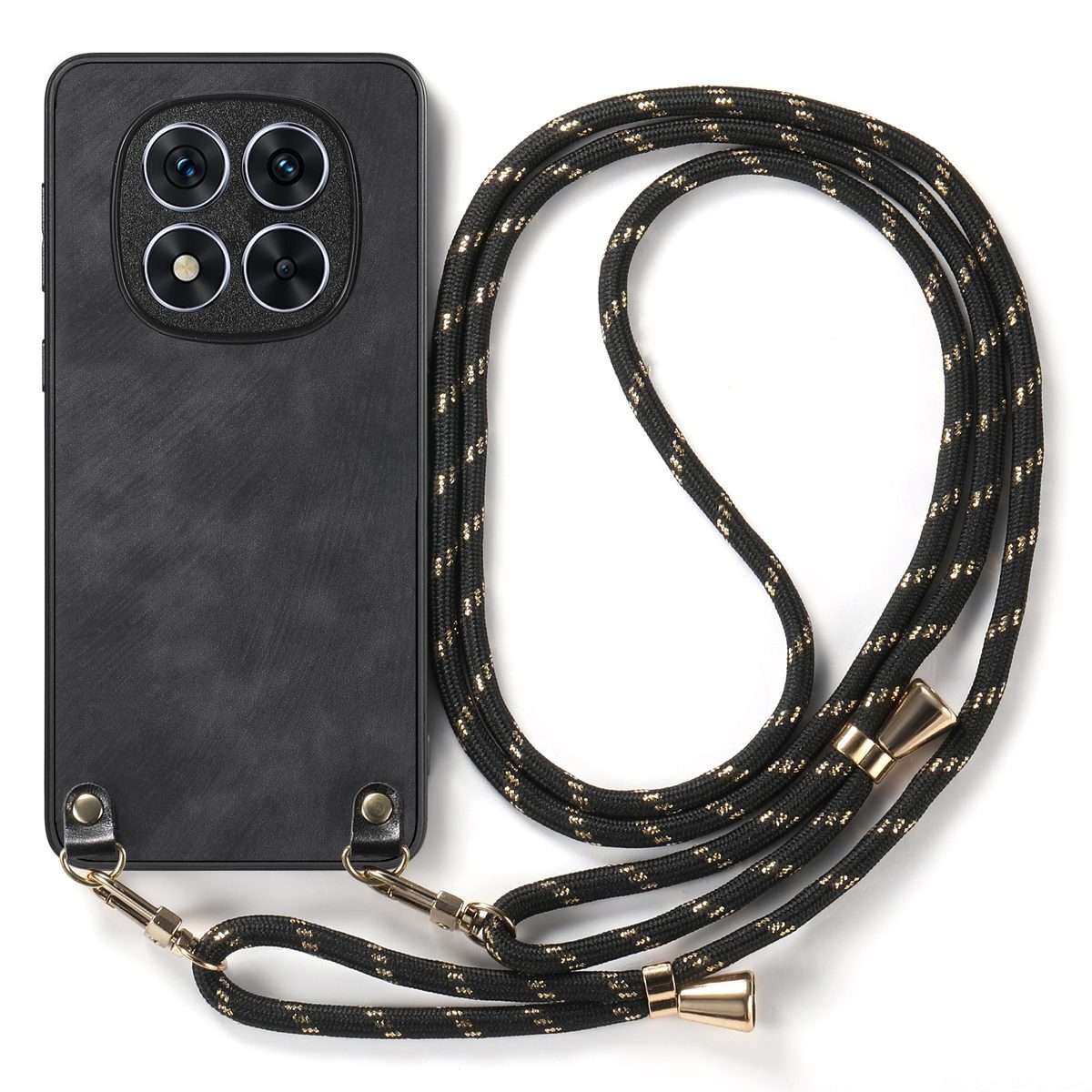 For Xiaomi Redmi Note 14 Pro+ 5G Vintage Leather PC Back Cover Phone Case with Crossbo ... (Black)