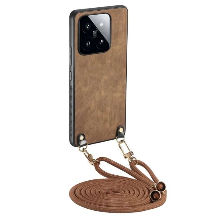 For Xiaomi 14 Pro Vintage Leather PC Back Cover Phone Case with Crossbody Strap(Brown)