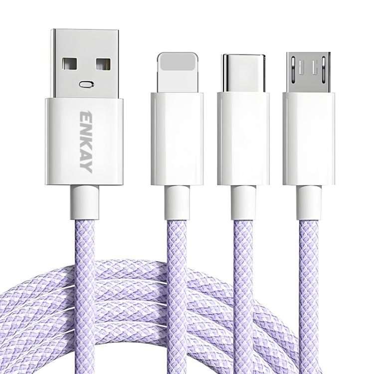 ENKAY CB173 3-in-1 Candy Color 60W USB to 8 Pin / Type-C / Micro USB Charging Data Ca ... (Purple)