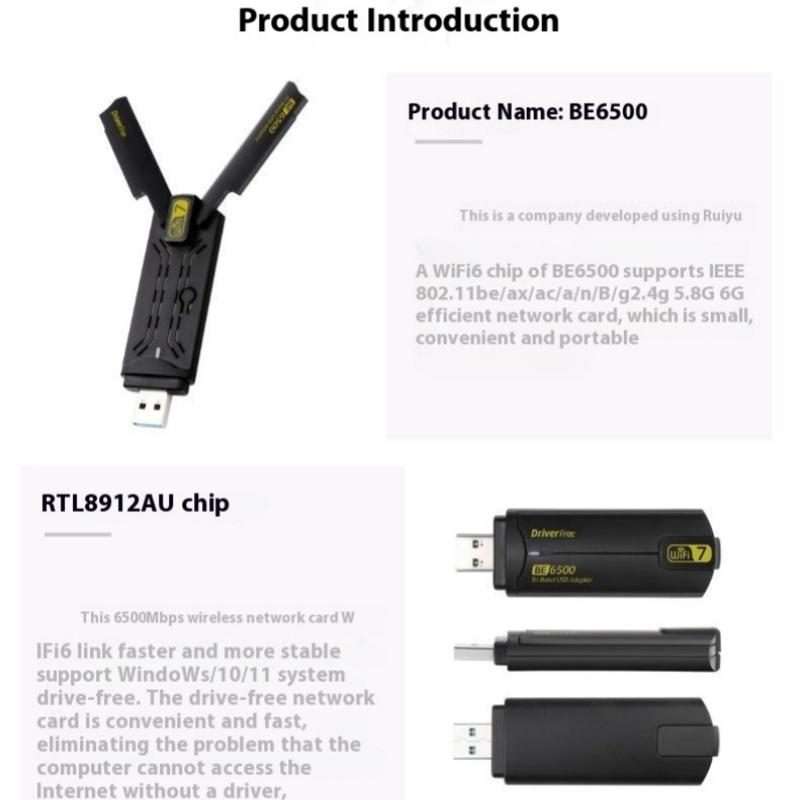 BE6500 Wireless Network Card Driver Free 6500M Tri Band WiFi 7 USB 3.0 Adapter for PC